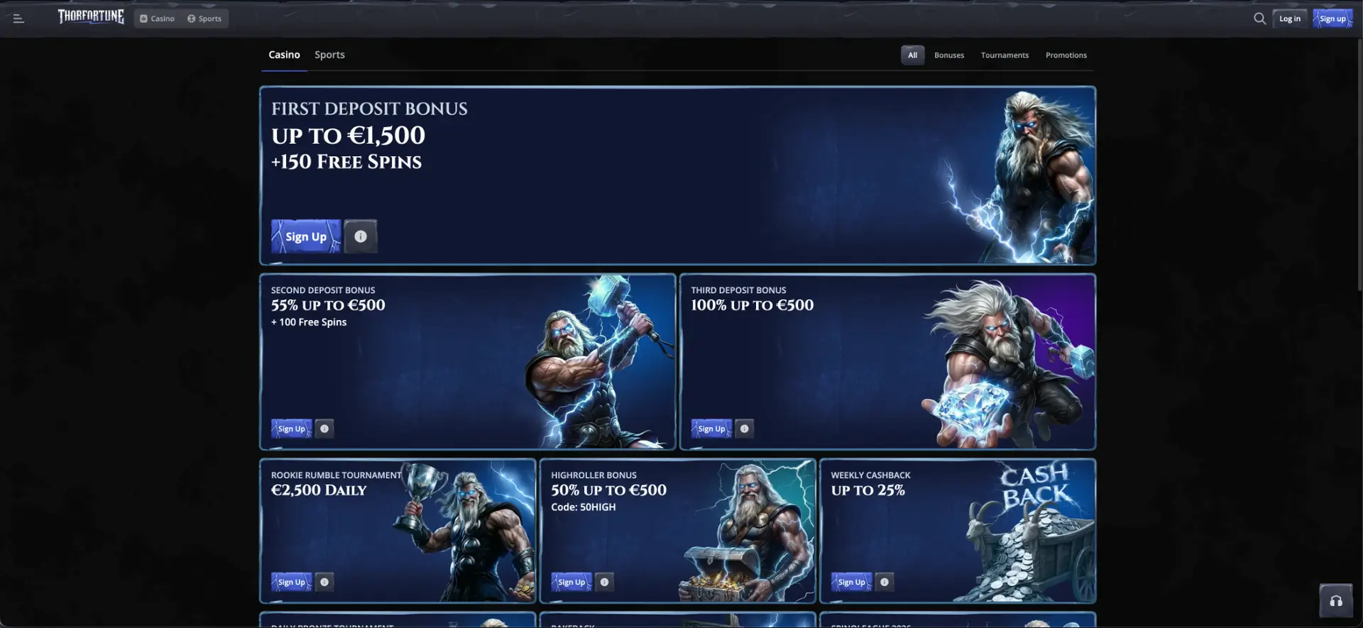 Sección de promociones de Thorfortune